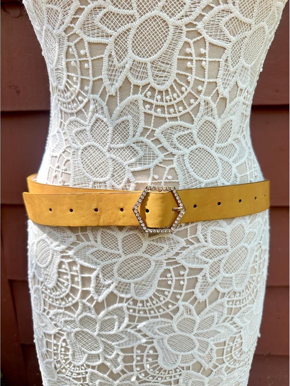 Stylish Mustard Faux Leather Belt with Rhinestone Hexagon Buckle